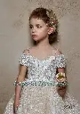 Floral spaghetti strap ball gown with glitter stripe 