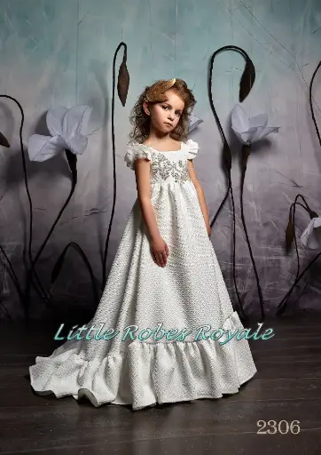 A-line Spanish style frill trim dress with crystal lace flowers and 3D embossed fabric