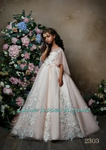 Lace appliqué ball gown with sweetheart bodice and choir boy sleeves 