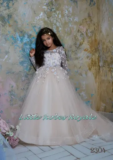 Princess ball gown with 3D flower bodice and long embroidered sleeves