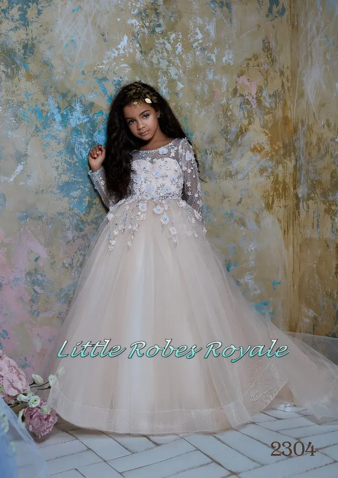 Princess ball gown with 3D flower bodice and long embroidered sleeves