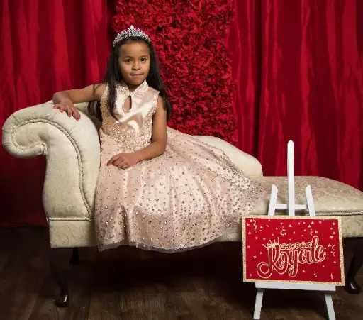 Princess sleeveless ball gown with oriental neckline and decorated with pearl lace applique including fully hand embroidered diamanté skirt