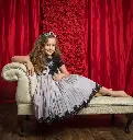 Short sleeve sequin knee-length dress with lace applique trim on georgette skirt