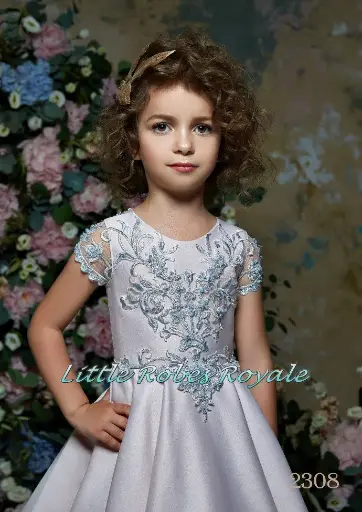 Cap sleeved and satin A-line ball gown with a pearl flowered lace top
