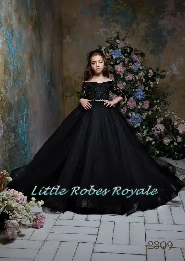 Black off the shoulder lace bodice princess dress with full skirt and gemstone belt