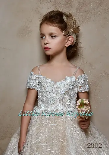 Floral spaghetti strap ball gown with glitter stripe 